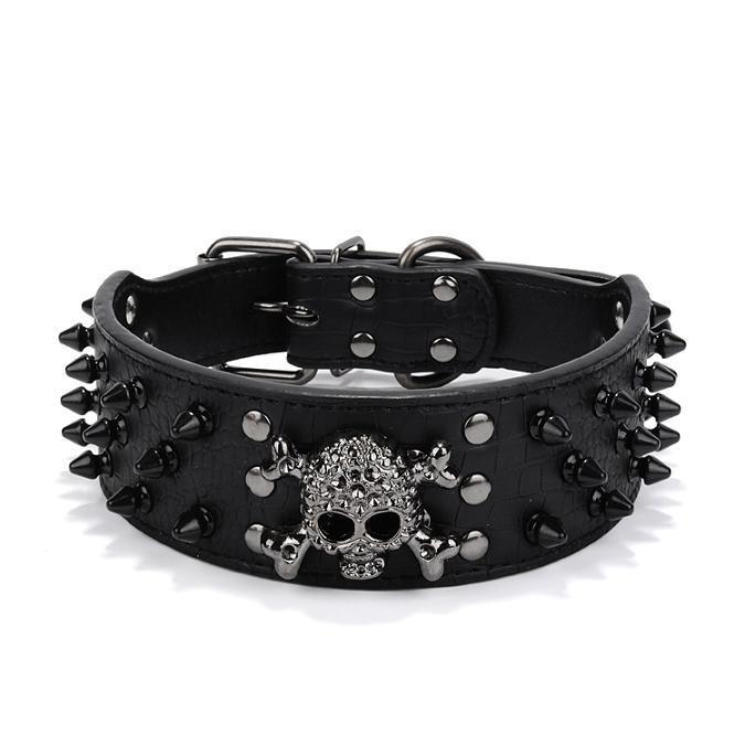 Large Spiked SKULL Stud Metal Dog PU Leather Collar Pit Bull Mastiff Rivet-BLACK