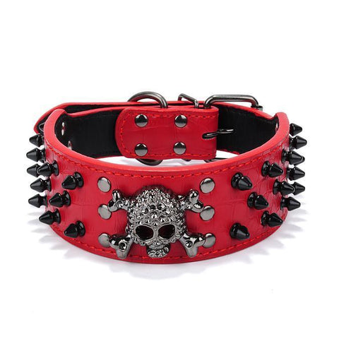 Large Spiked SKULL Stud Metal Dog PU Leather Collar Pit Bull Mastiff Rivet-RED