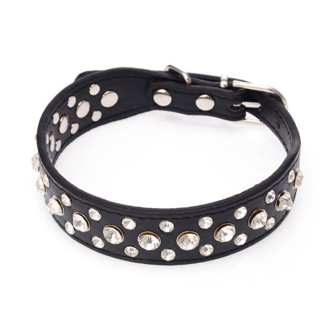 Pretty Diamond Crystal Rhinestone Leather Collar Dog Puppy Cat Kitten XS S-BLACK