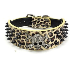 Large Spiked SKULL Stud Metal Dog PU Leather Collar Pit Bull Mastiff Rivet BLACK