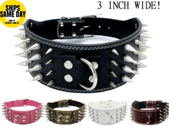 3" WIDE RAZOR SHARP Spiked Studded Leather Dog Collar 4-ROWS 19-22" 21-24"-WHITE