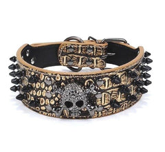 Large Spiked SKULL Stud Metal Dog PU Leather Collar Pit Bull Mastiff Rivet BLACK