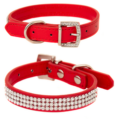 Rhinestone Diamond Dog Collar Leather Diamante Dog Puppy Cat Kitten XS S M L