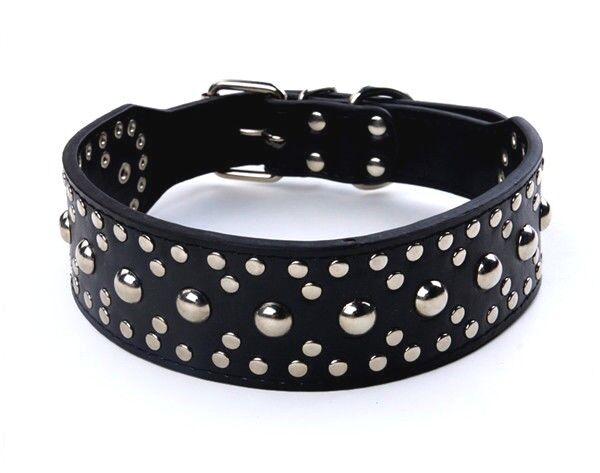 Studded Spiked Metal Dog Collar Faux Leather Large Pitbull Mastiff  L XL BLACK