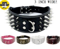3" WIDE RAZOR SHARP Spiked Studded Leather Dog Collar 4-ROWS 19-22" 21-24"-ROSE