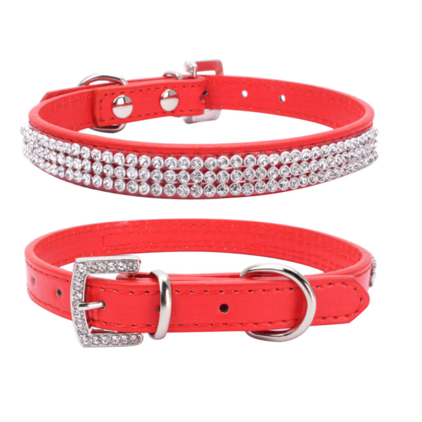 Rhinestone Diamond Dog Collar Leather Diamante Dog Puppy Cat Kitten XS S M L