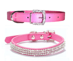 Rhinestone Diamond Dog Collar Leather Diamante Dog Puppy Cat Kitten XS S M L