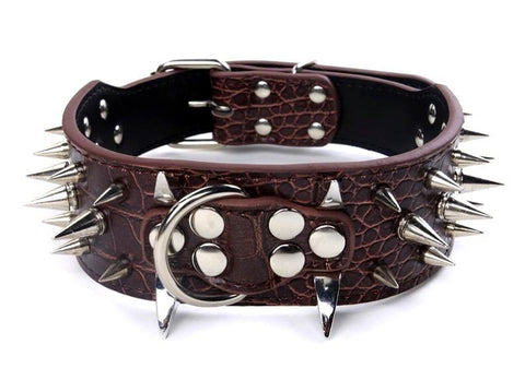 SHARP RAZOR Metal Spikes Studded Rivets PU Leather Dog Collar Black Grey Brown L