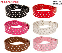 Rhinestone Dog Collar Leather Pitbull Diamonds Bling Pet Pup Non Spike S M L XL