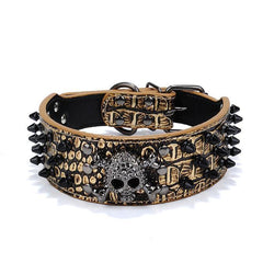 Large Spiked SKULL Stud Metal Dog PU Leather Collar Pit Bull Mastiff Rivet-GOLD