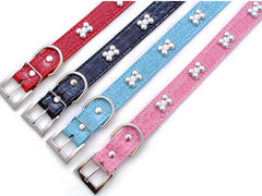 DOG BONES Studs Dog PU Faux Leather Collar Puppy Cat Small XS S M L Adjustable