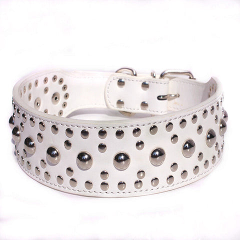 Studded Spike Metal Dog Collar Faux Leather Pitbull Mastiff Spike S M L XL WHITE