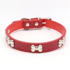 DOG BONES Studs Dog PU Faux Leather Collar Puppy Cat Small XS S M L Adjustable