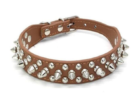 Small Dog Spiked Studded Rivets Dog Pet Leather Collar Can Go With Harness BROWN