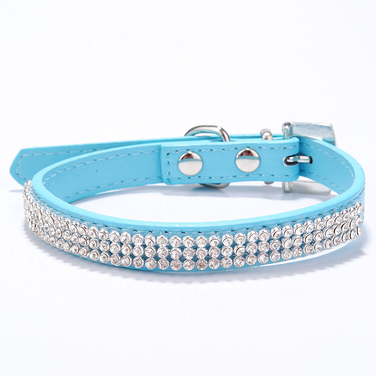 BLUE Rhinestone Diamond Dog Collar Leather Dog Puppy Cat Kitten XS S M L