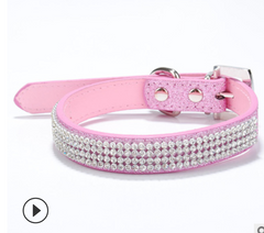 PINK-SPARKLE Rhinestone Diamond Dog Collar Leather Dog Puppy Cat Kitten XS S M L