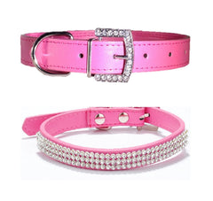 ROSE Rhinestone Diamond Dog Collar Leather Dog Puppy Cat Kitten XS S M L