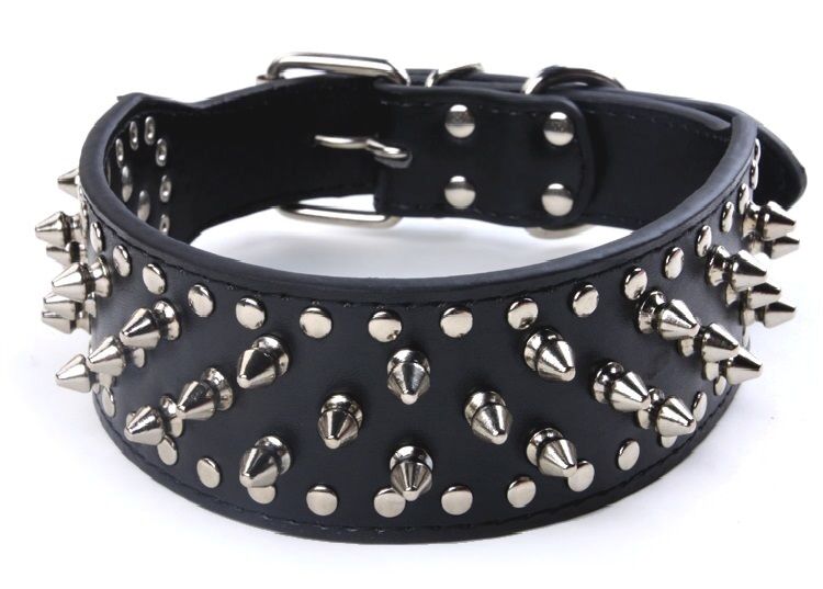 2" Black Metal Spiked Studded Leather Dog Collar Rivet Pitbull Mastif Large L XL