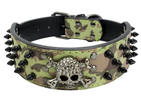 Large Spiked SKULL Stud Metal Dog PU Leather Collar Pit Bull Mastiff Rivet-CAMO