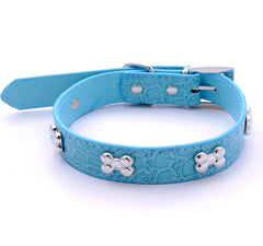 DOG BONES Studs Dog PU Faux Leather Collar Puppy Cat Small XS S M L Adjustable