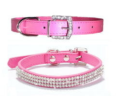ROSE Rhinestone Diamond Dog Collar Leather Dog Puppy Cat Kitten XS S M L
