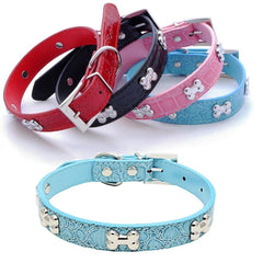 DOG BONES Studs Dog PU Faux Leather Collar Puppy Cat Small XS S M L Adjustable