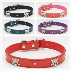 SKULL Diamond & Crystal Rhinestone Leather Dog Collar Puppy Cat XS S Small Bling