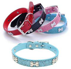 DOG BONES Studs Dog PU Faux Leather Collar Puppy Cat Small XS S M Adjustable