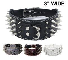 3" WIDE RAZOR SHARP Spiked Studded Leather Dog Pet Collar 4-ROWS 19-22" 21-24"