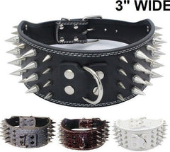 3" WIDE RAZOR SHARP Spiked Studded Leather Dog Pet Collar 4-ROWS 19-22" 21-24"