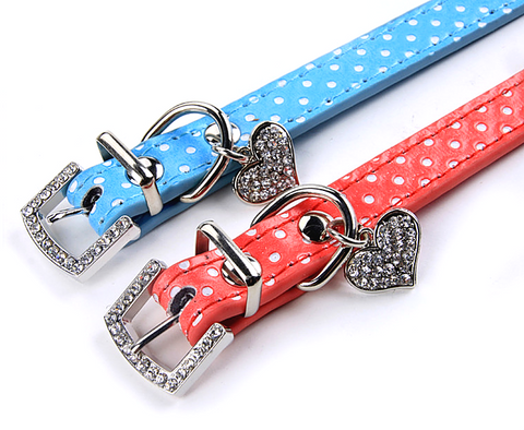 Pet Cat Dog Adjustable PU Leather Polka Dot Rhinestone Buckle Neck Dotted Collar