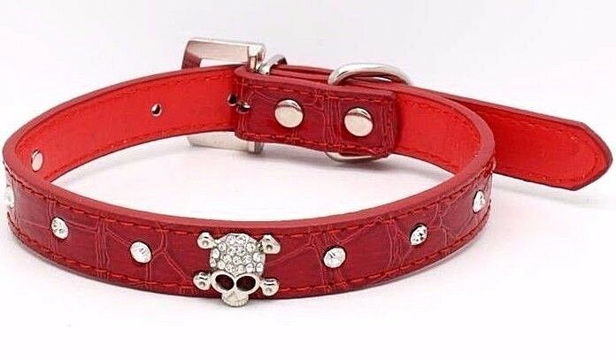 SKULL Diamond Crystal Rhinestone Leather Dog Cat Collar Puppy Blink Pink Cutie