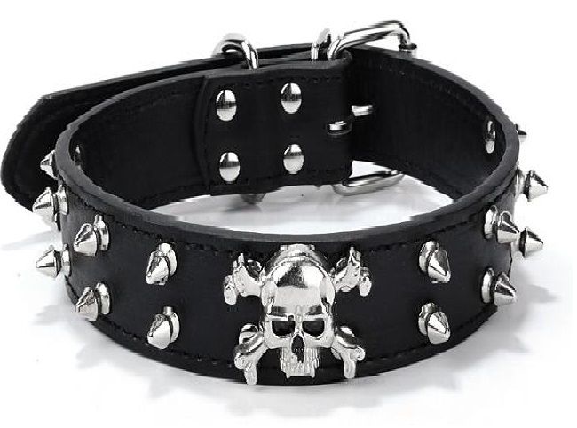 SKULL Metal Studded Spiked Rivet Dog PU Leather Collar Pitbull Mastiff Black M L