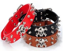 SKULL Metal Studded Spiked Rivet Dog PU Leather Collar Pitbull Mastiff Black M L