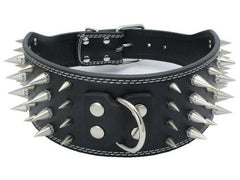 3" WIDE RAZOR SHARP Spiked Studded Leather Dog Pet Collar 4-ROWS 19-22" 21-24"