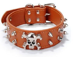 SKULL Metal Studded Spiked Rivet Dog PU Leather Collar Pitbull Mastiff Black M L