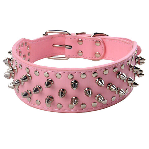 2" PINK Metal Spiked Studded Leather Dog Collar Rivet Pitbull Mastif Large L XL