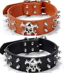 SKULL Metal Studded Spiked Rivet Dog PU Leather Collar Pitbull Mastiff Black M L