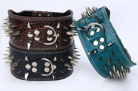 3" WIDE RAZOR SHARP Spiked Studded PU Leather Dog Pet Collar 3ROWS 19-22" 21-24"