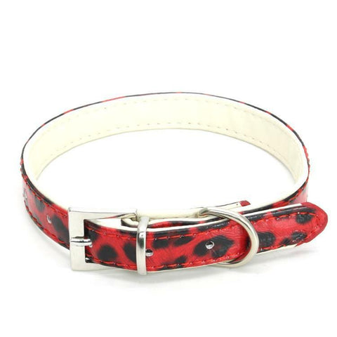 Dog Faux Leather Adjustable Collar Pet Puppy Cat Leopard Print Animal Red XS S M